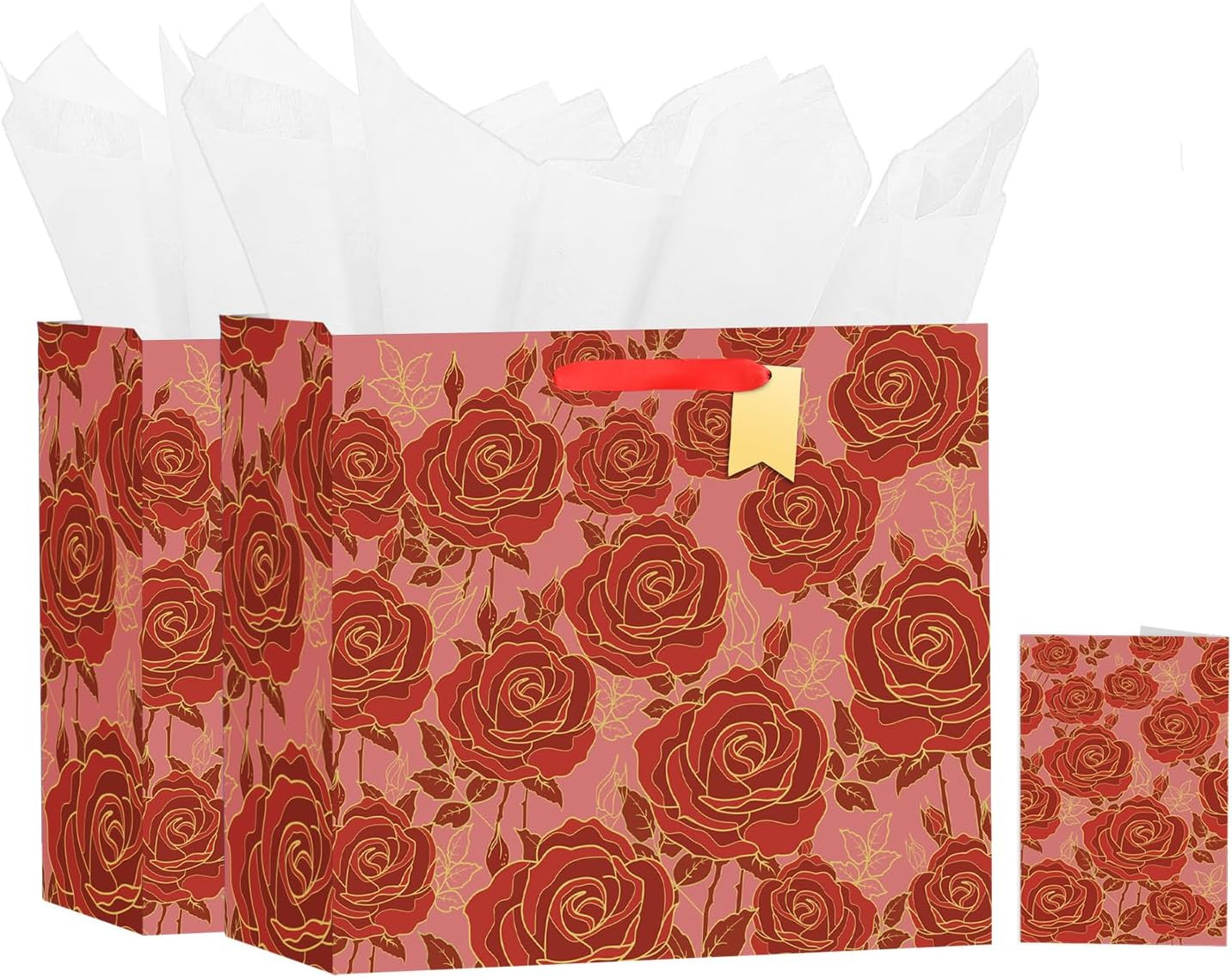13" Valentines Day Gift Bags with Card Tissue(Rose Flower) - Birthdays, Valentin