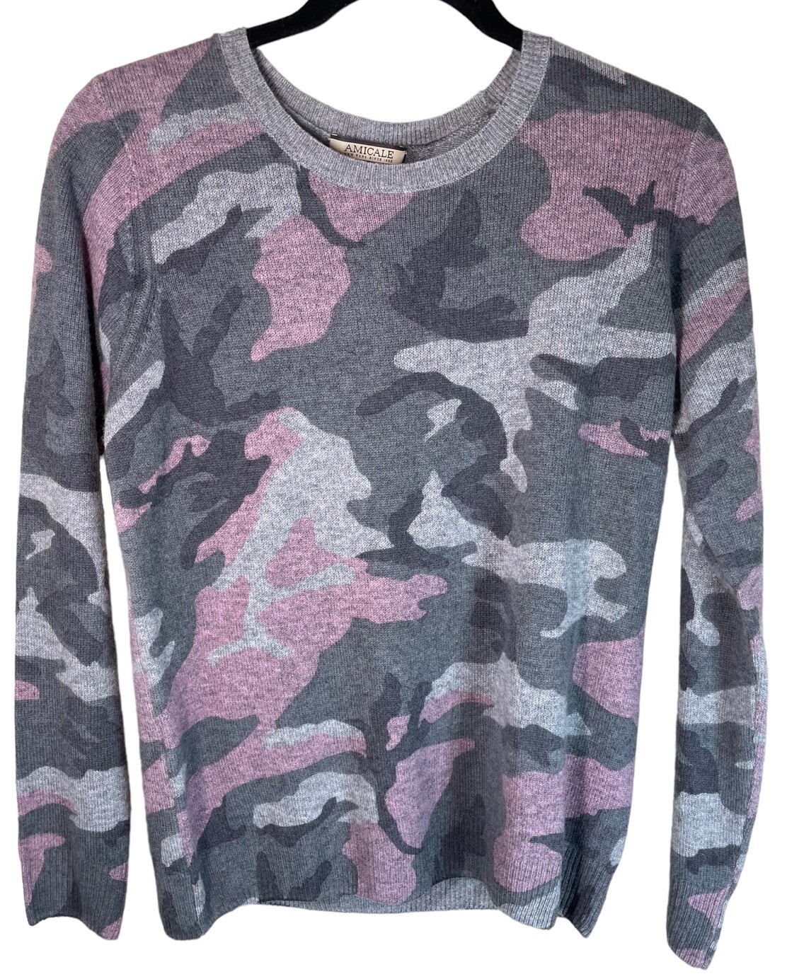 Amicale 100% Cashmere Pink Grey Camouflage Crewneck Sweater Size Small Women's