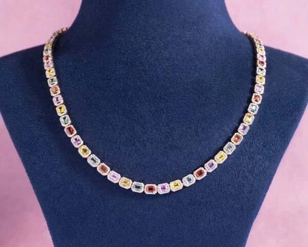 29.22 Ct Sapphire Multiple Colors & Faint Diamond 18K Rose Gold Over 17"Necklace