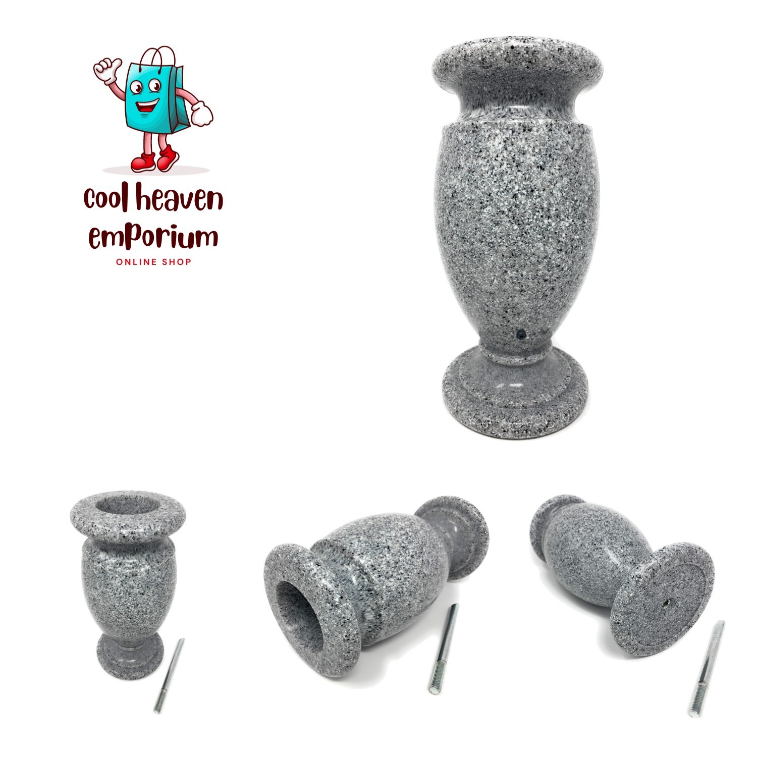 Durable Cemetery Flower Holder - Grey Granite Vase with Metal Spike & Drainage