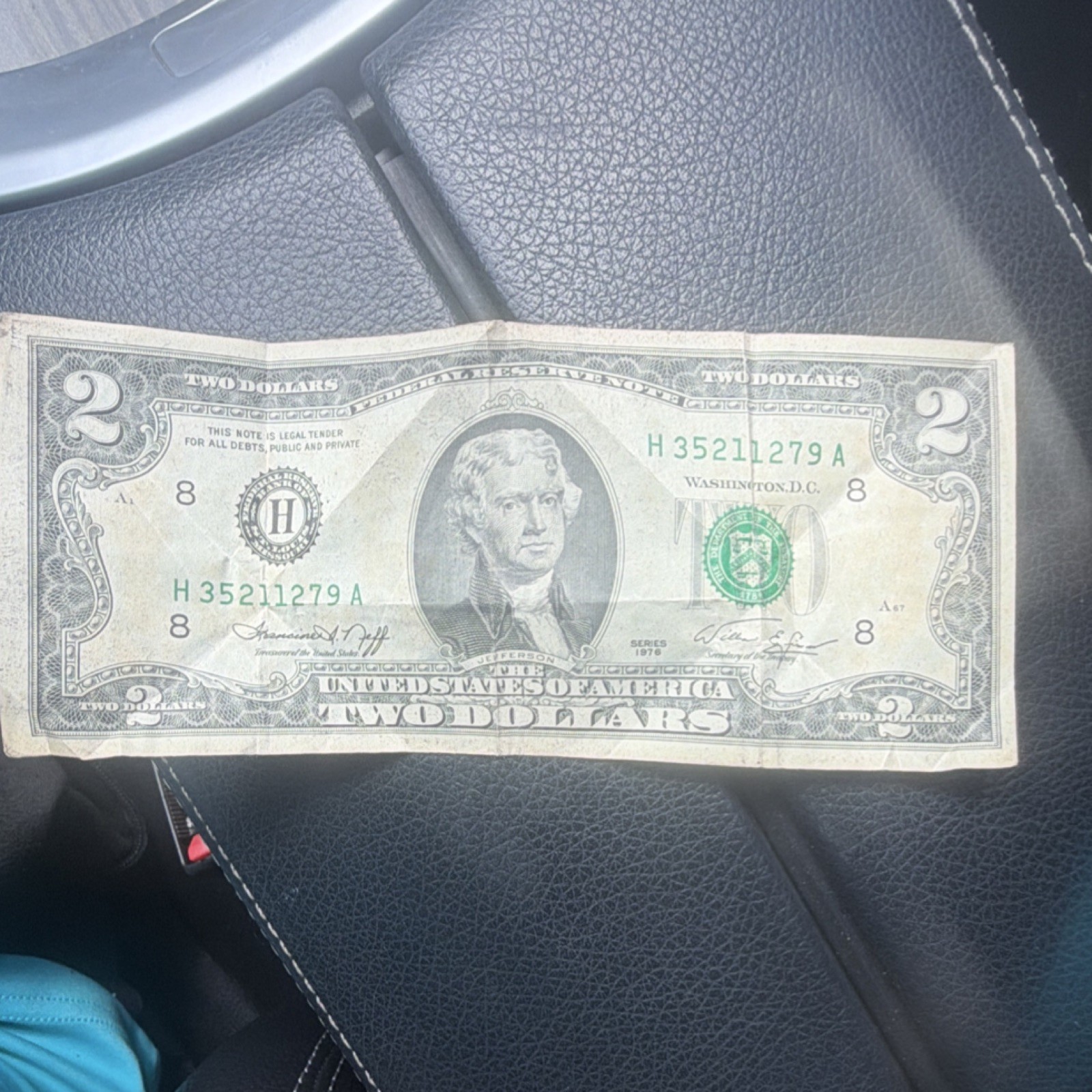 1976 $2 Federal Reserve Note H3521279A Circulated Uncertified Ungraded Banknote