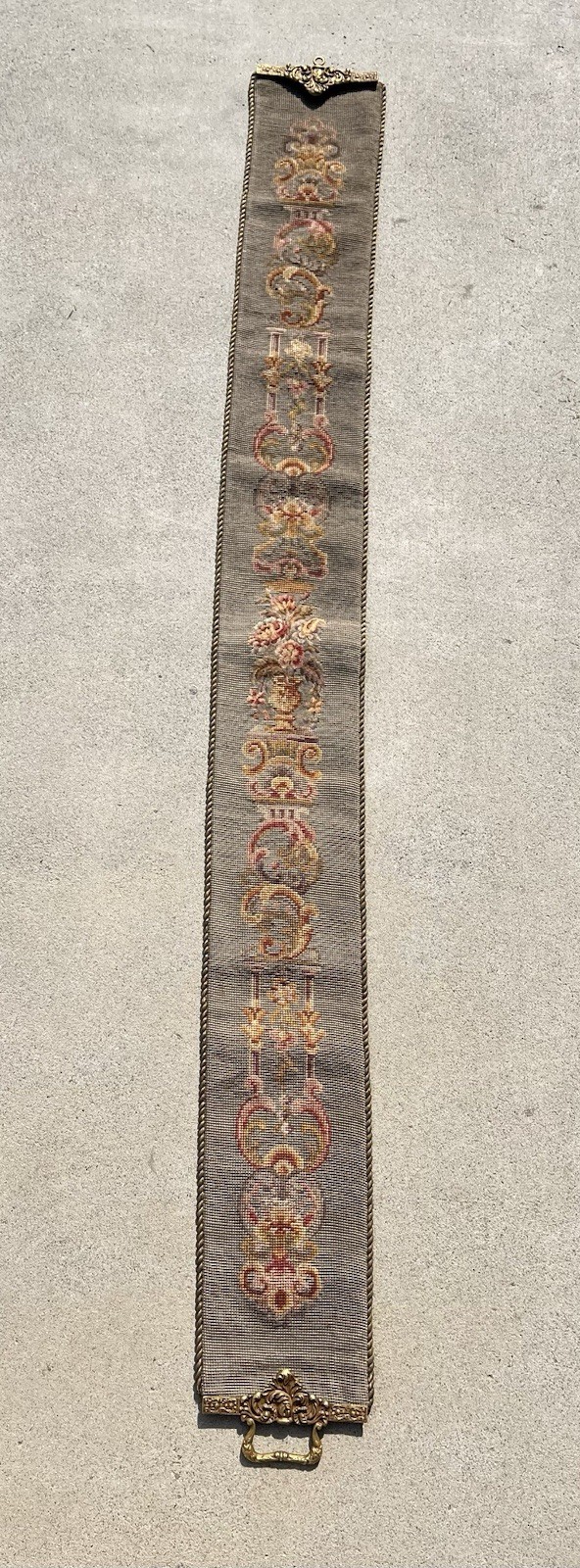 Vtg Needlepoint Bell Pull Wall Hanging Floral Urn Tapestry Bronze Hardware 60”