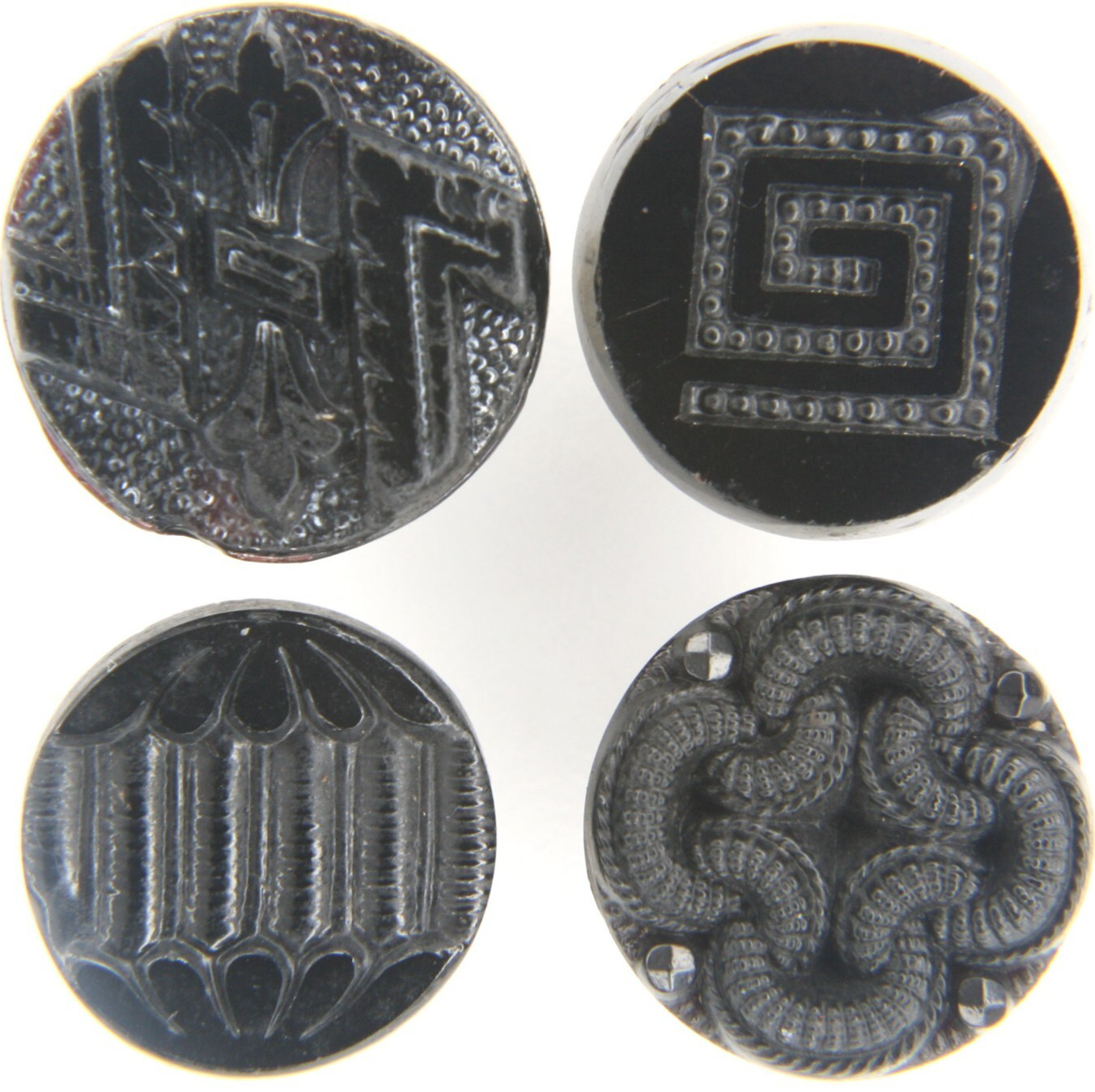 C1880s Antique Victorian Black Glass Geometric Greek Key Celtic Knot Button LOT