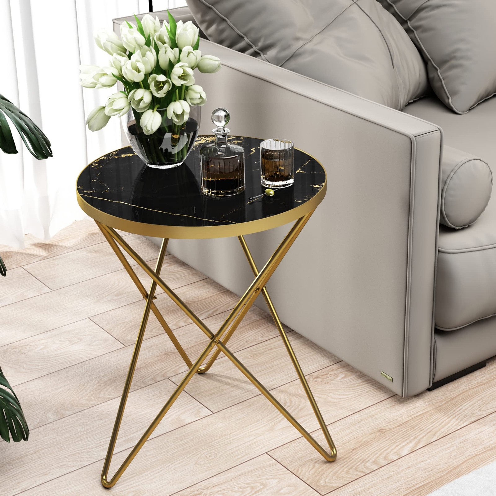 HLR Modern Round Side Table, End Table with Marble 1-pack, Black Marble&gold 