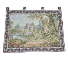 Vintage French Scene Wall Hanging Tapestry 38x48 Flower Border Fabric Antique 