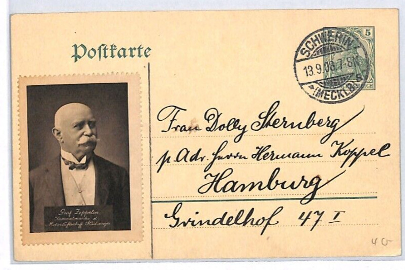 GERMANY FERDINAND VON ZEPPELIN Label/Cinderella Postcard 1908 Schwerin PZ13