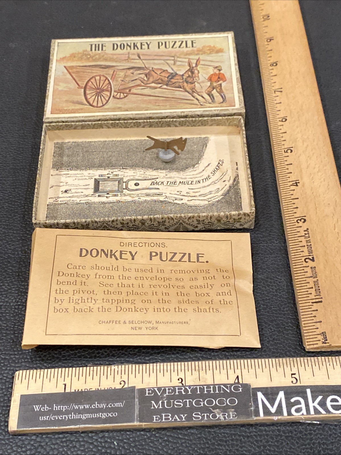 Antique Child Dexterity Game 1890s THE DONKEY PUZZLE Chaffee & Selchow GRAY Box