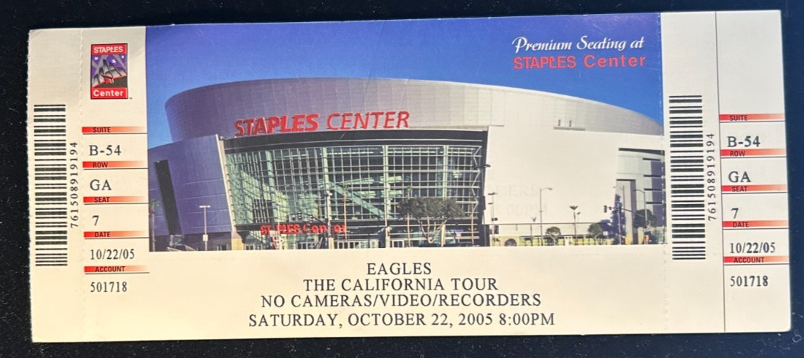 Eagles Full California Tour Ticket 10/22/2005 Premium Suite Seat Staples Center