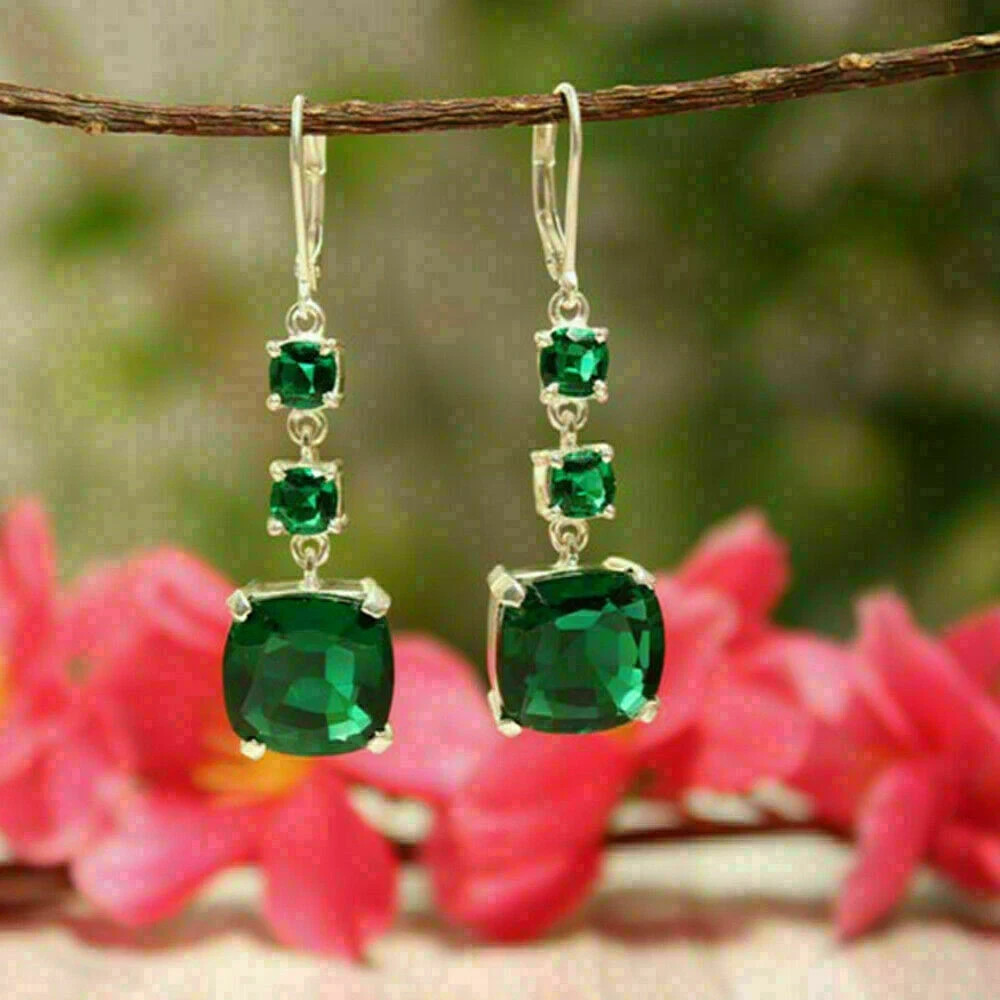 2Ct Cushion Lab-Created Green Emerald Drop/Dangle Earring 14K Yellow Gold Plated