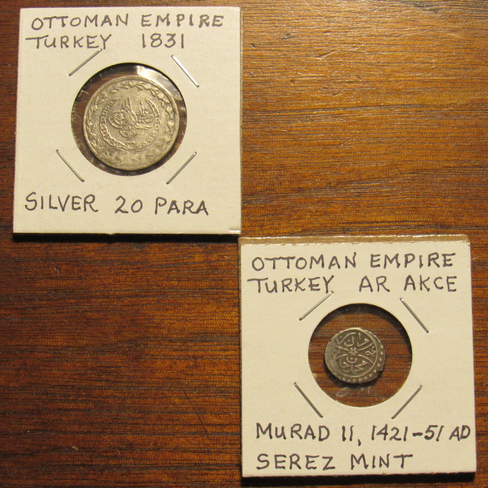 OTTOMAN EMPIRE, TURKEY  ~  SILVER COINS, MURAD II AKCE 1421-51 AD & 1831 20 PARA
