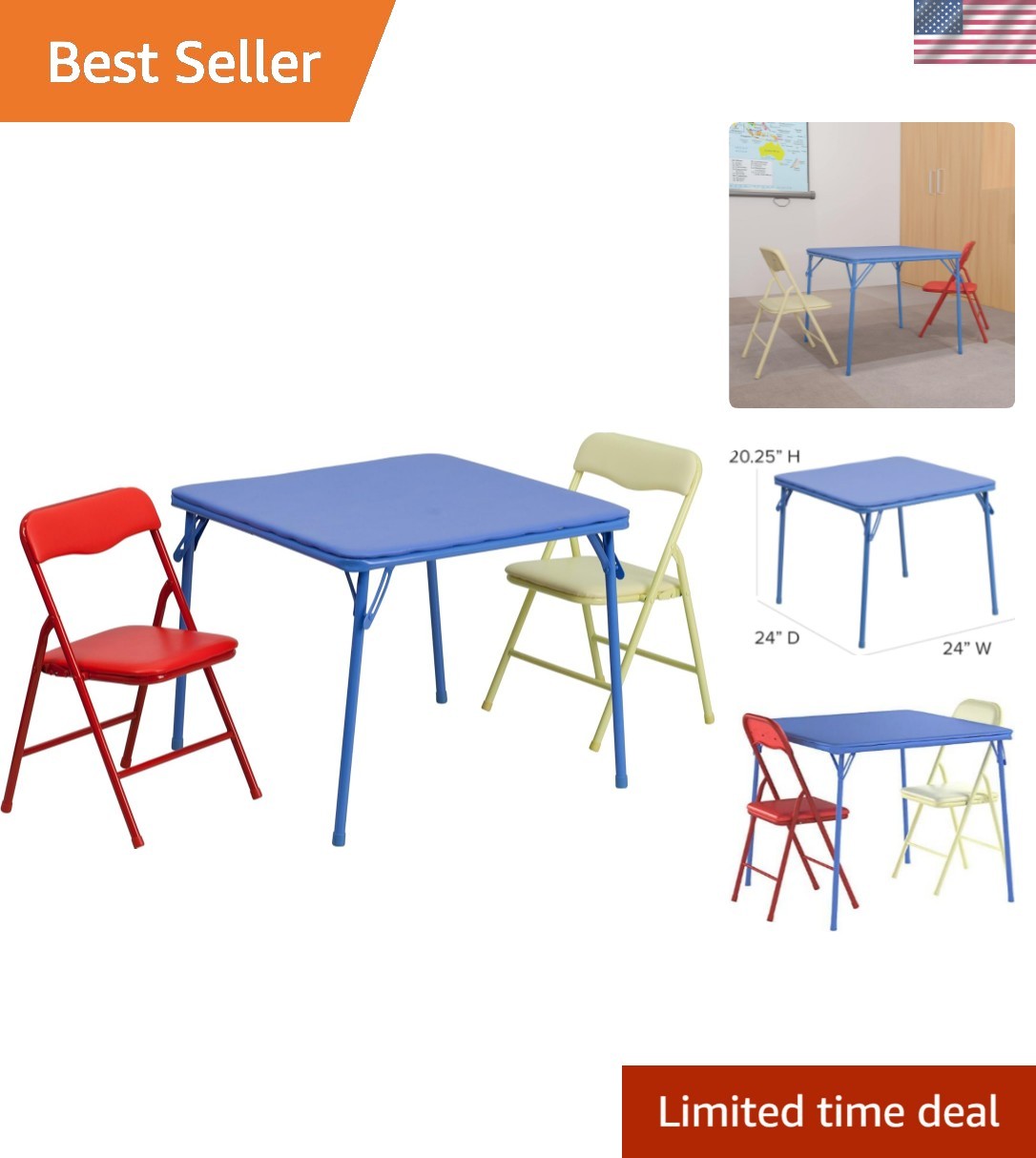 Mindy Kids 3-Piece Folding Square Table and Chairs Set for Daycare and Classr...
