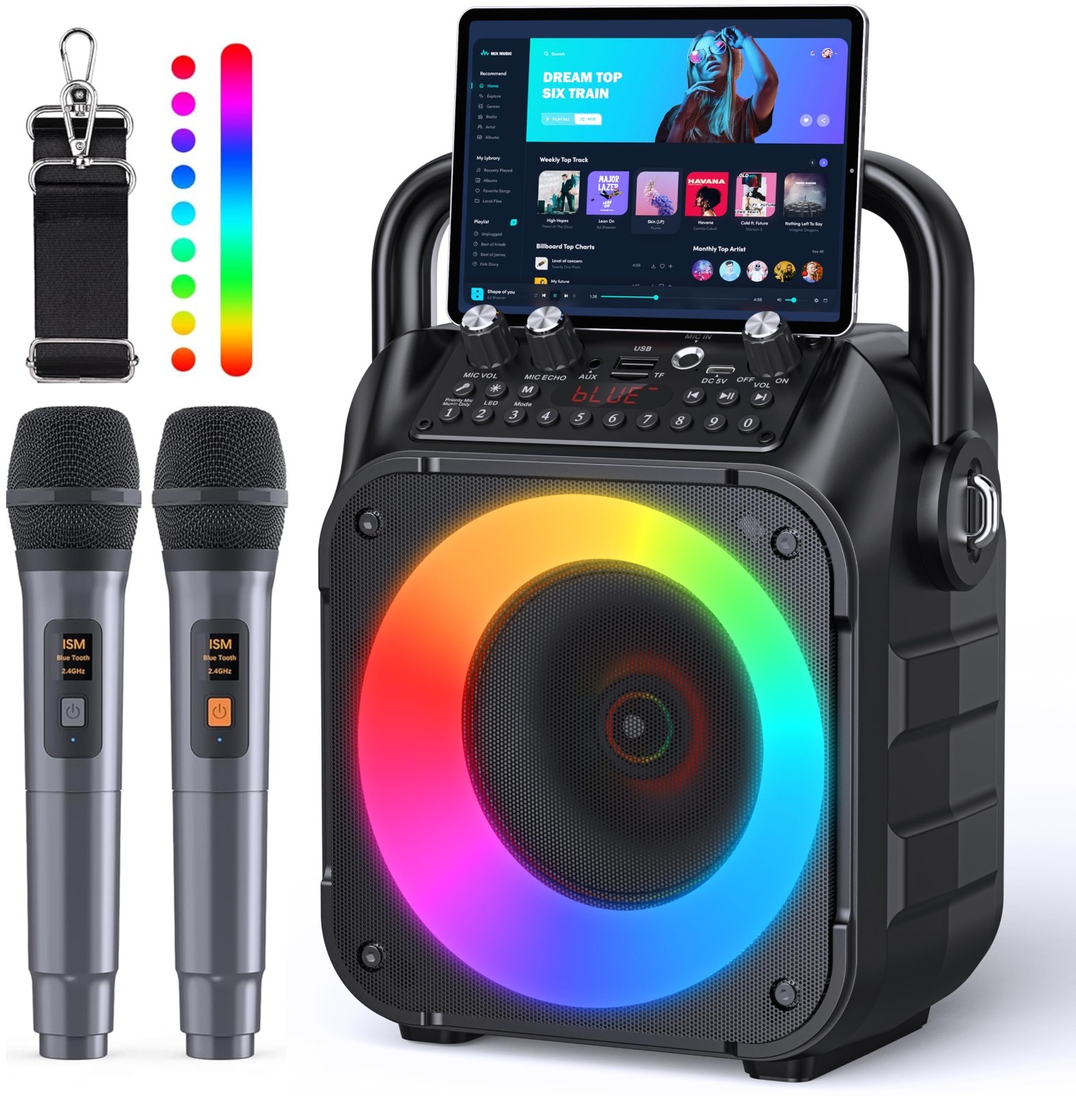 Portable Karaoke Machine with Bluetooth Speaker & 2 Wireless Microphones, LED Li