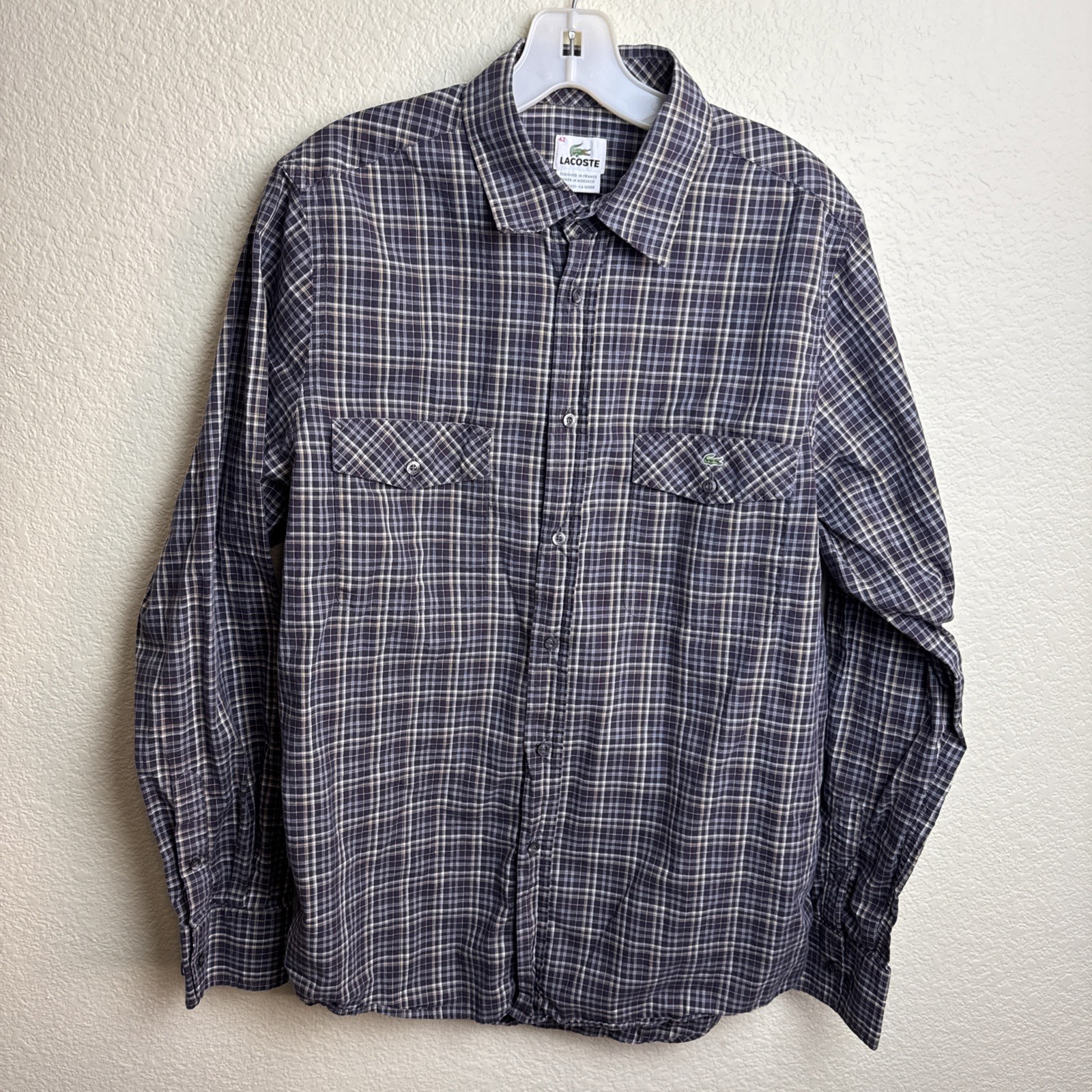 Lacoste Men's Long Sleeve Plaid Shirt Pockets Size 42/XL Button Up Logo