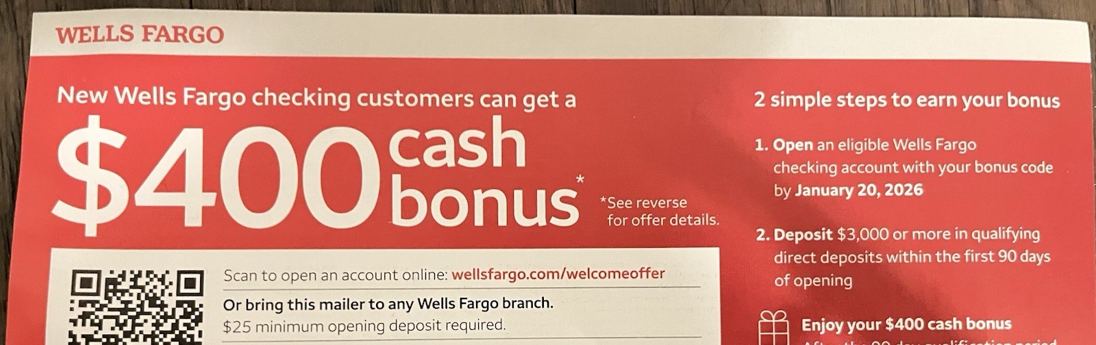 WELLS FARGO BANK CHECKING ACCOUNT $400 BONUS COUPONS EXP January 20, 2026