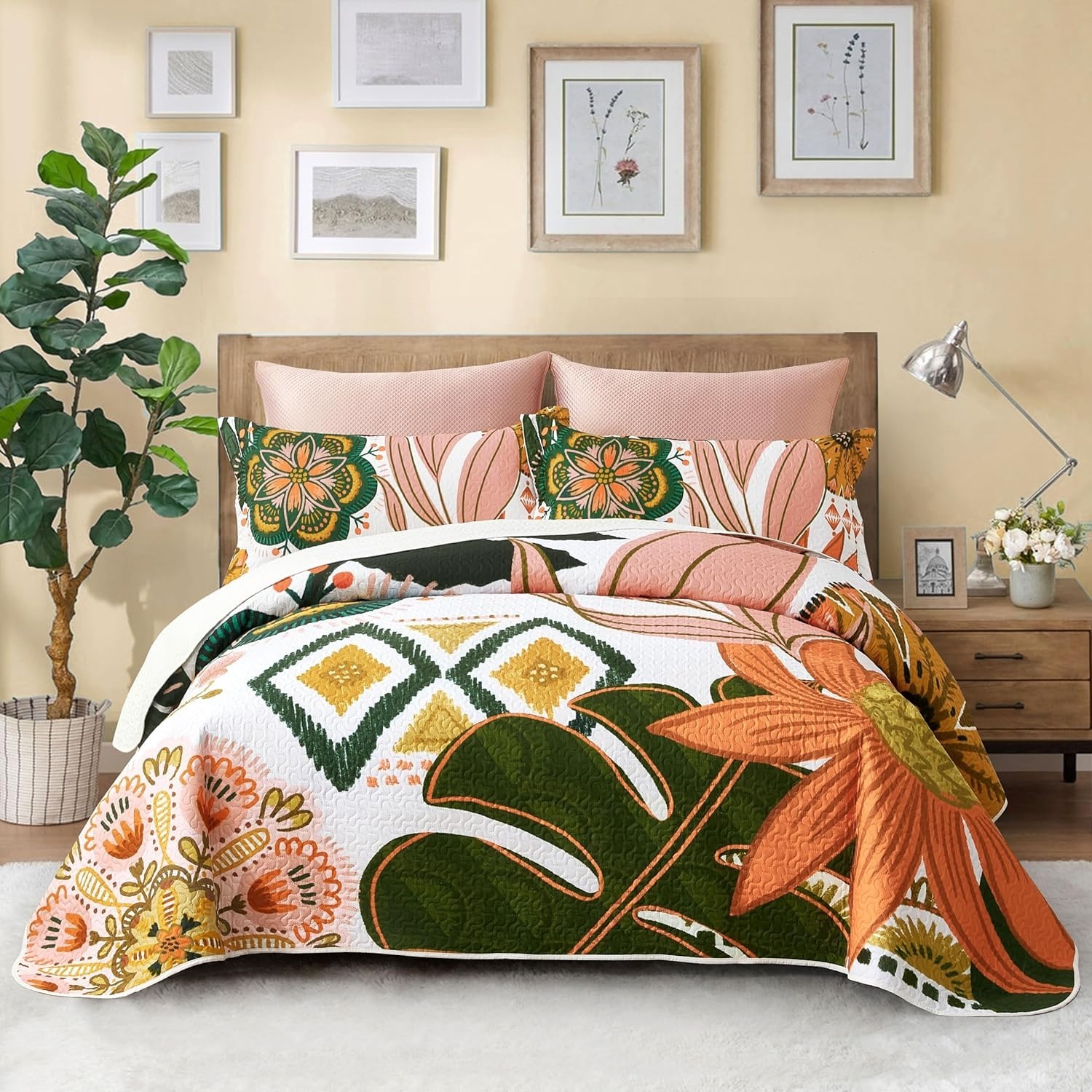 3 Piece Boho Floral King Size Quilt Sets Farmhouse Botanical Reversible Lightwei