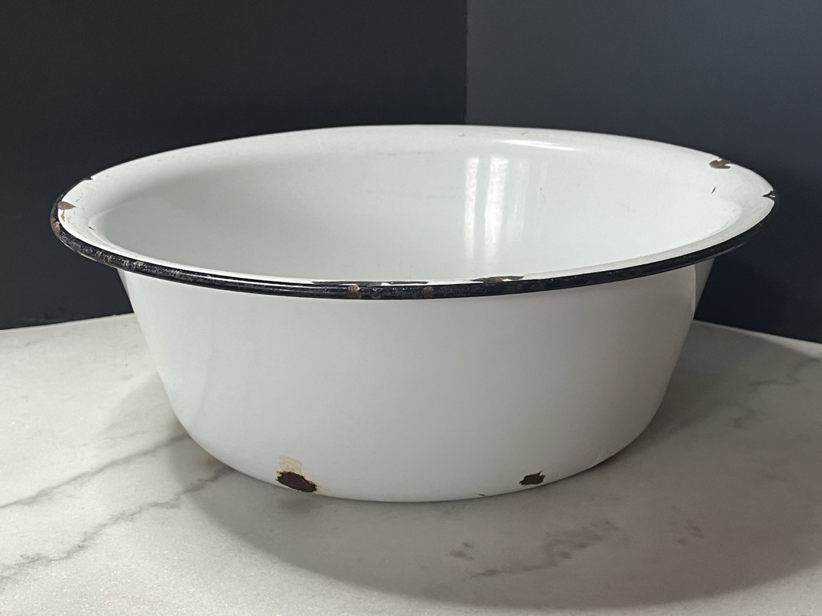 Vintage Antique White Black Enamel Enamelware Bowl  Kitchen Decor