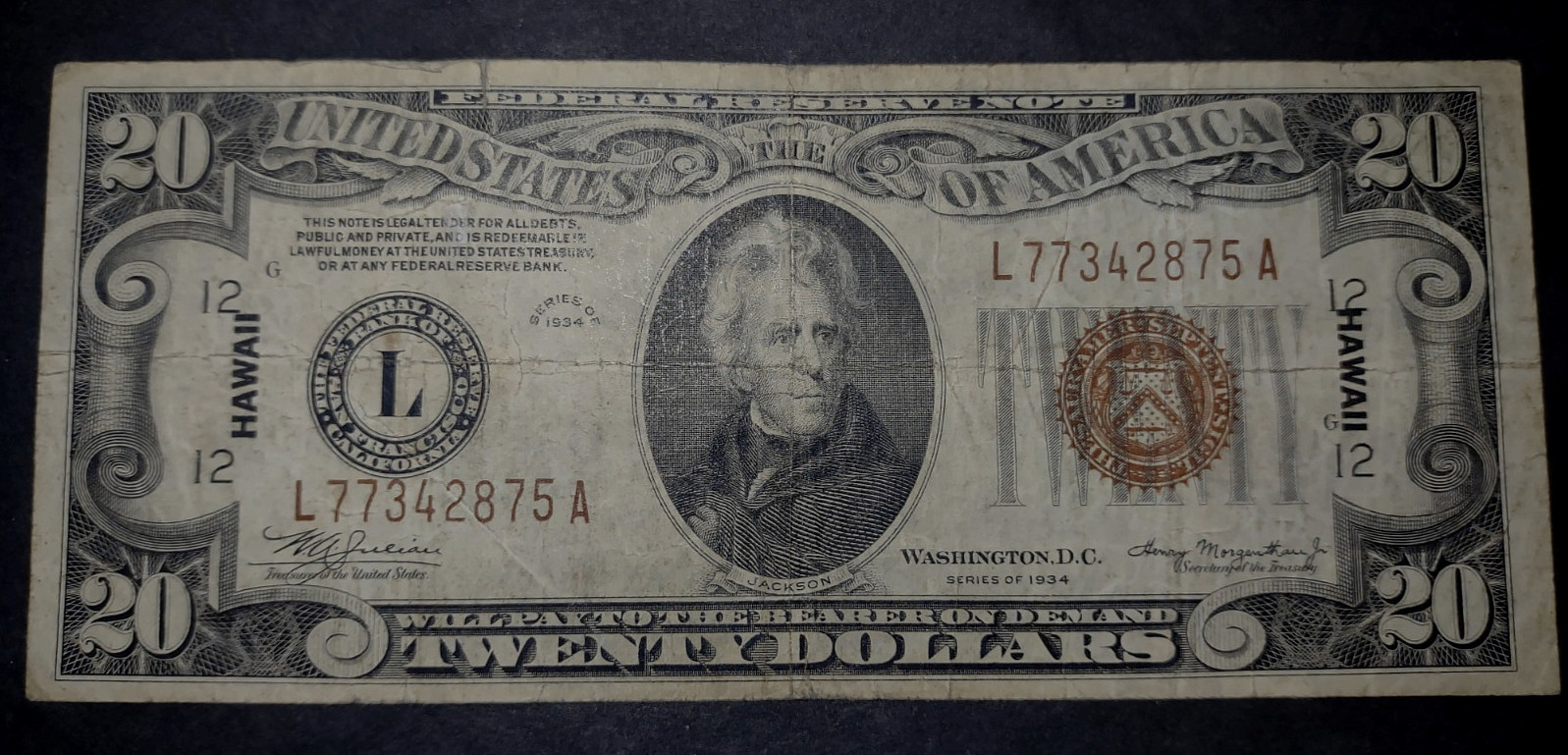 $20 Hawaii Overprint Banknote Series 1934