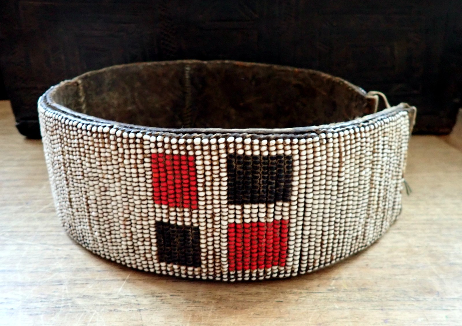 Tribal African Beaded Belt Kamba people of Kenya Leather Glass Beads Vintage