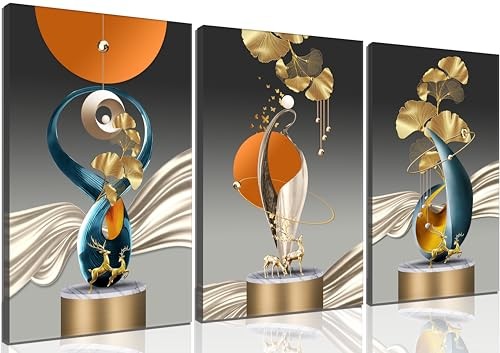 3Pcs Bright Style Wall Art Abstract Golden Deer 16"L×12"W Abstract canvas