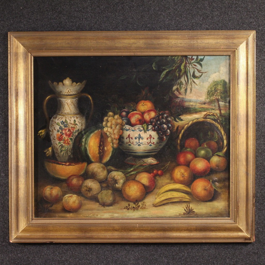 Spanish painting oil on canvas with frame still life fruits 20th century