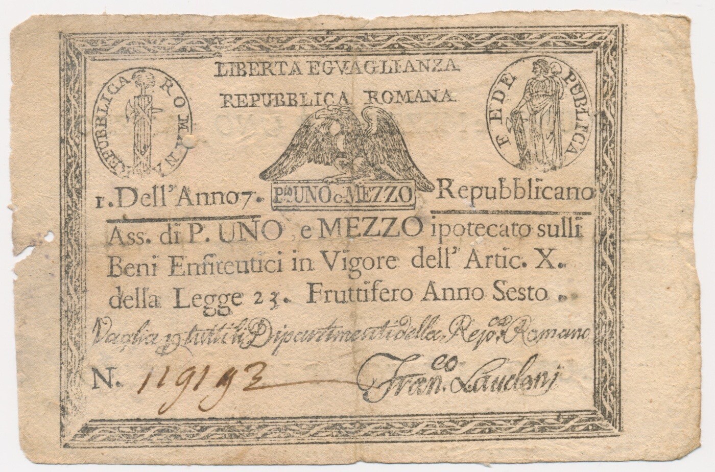 ITALIAN STATES (REPUBBLICA ROMANA) banknote 1 1/2 Paoli 1798 VF Very Fine