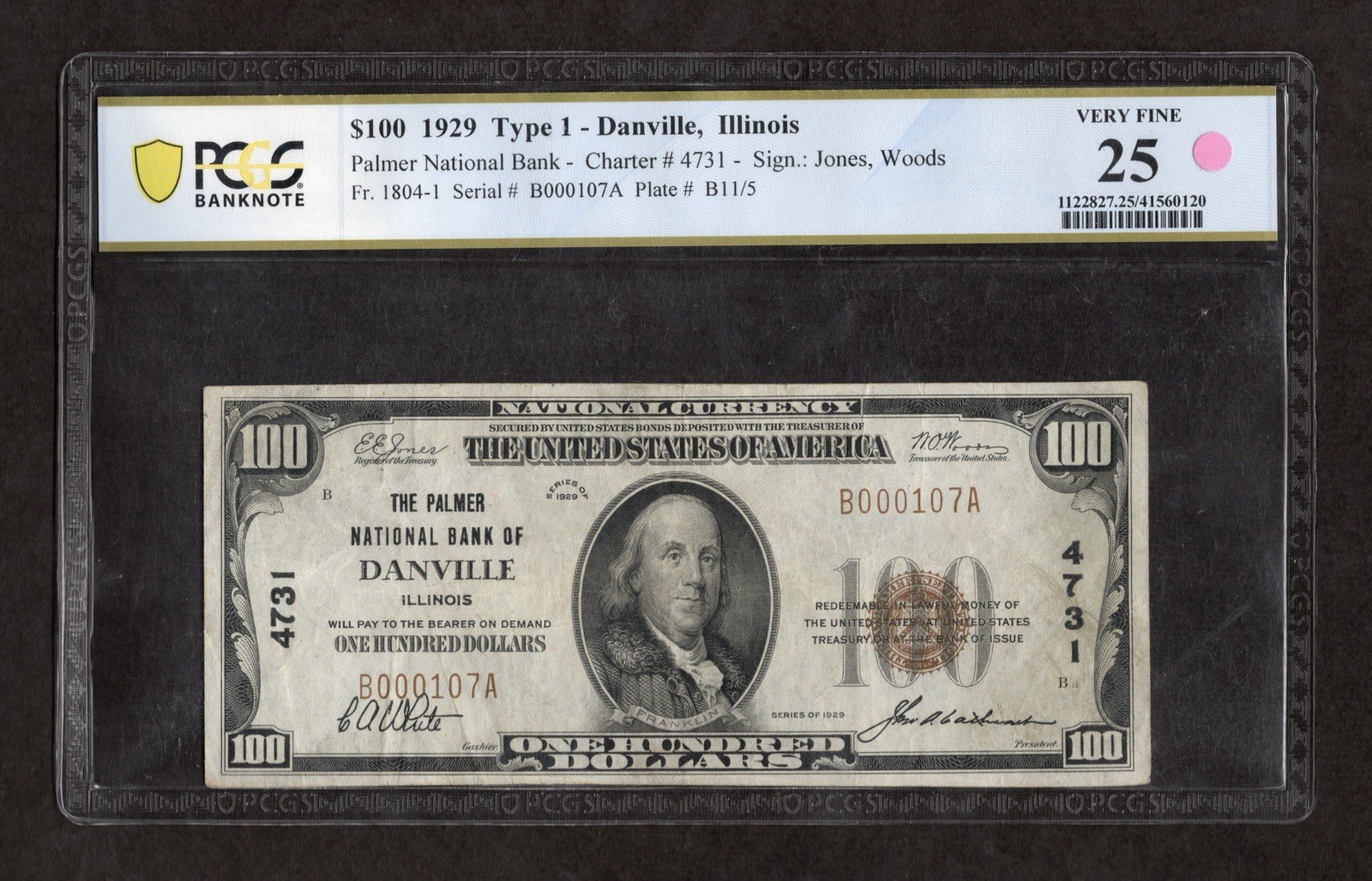 1929 $100 T1, The Palmer National Bank of Danville, IL PCGS 25