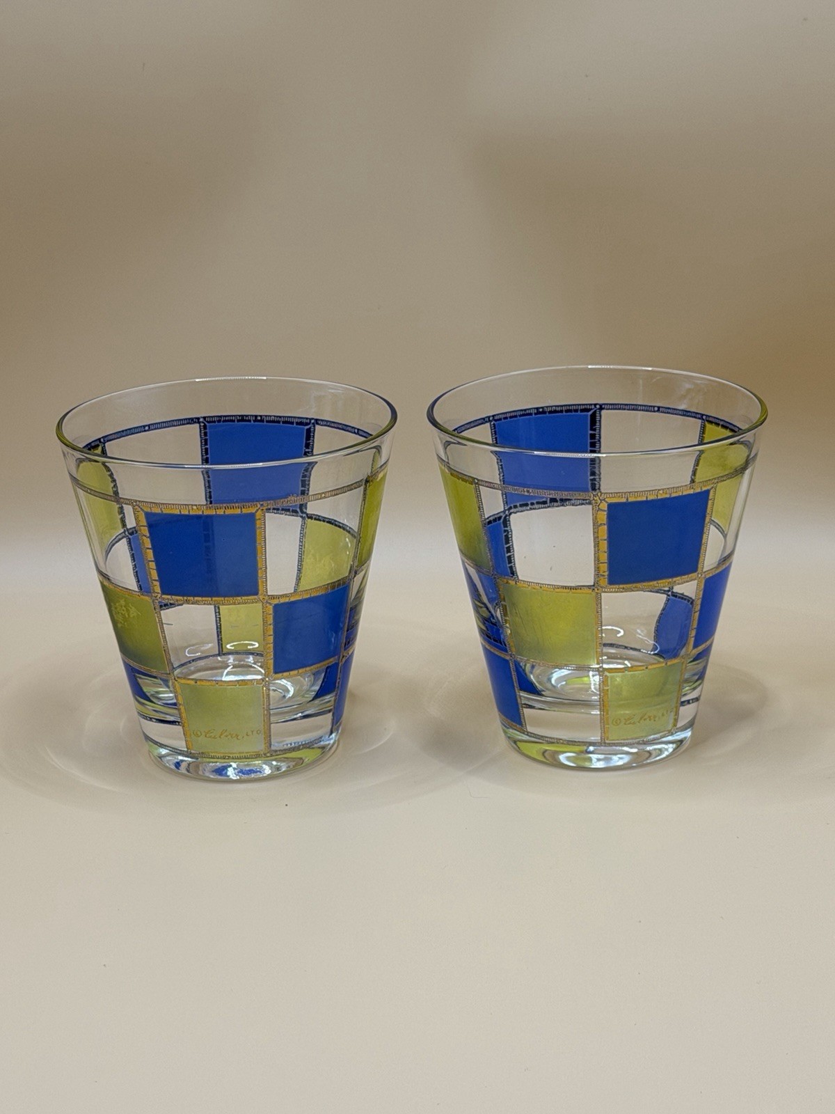 Vintage Culver Gold Blue Lime-Green Mid-Century Lowball Cocktail Glass Set of 2