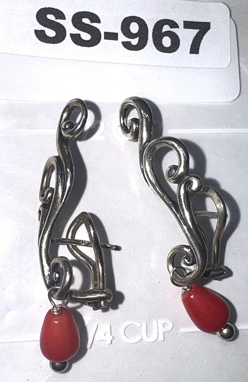 CAROLYN POLLACK .925 Signed Sterling Silver Earrings w/ Coral Drop Beads SS-967
