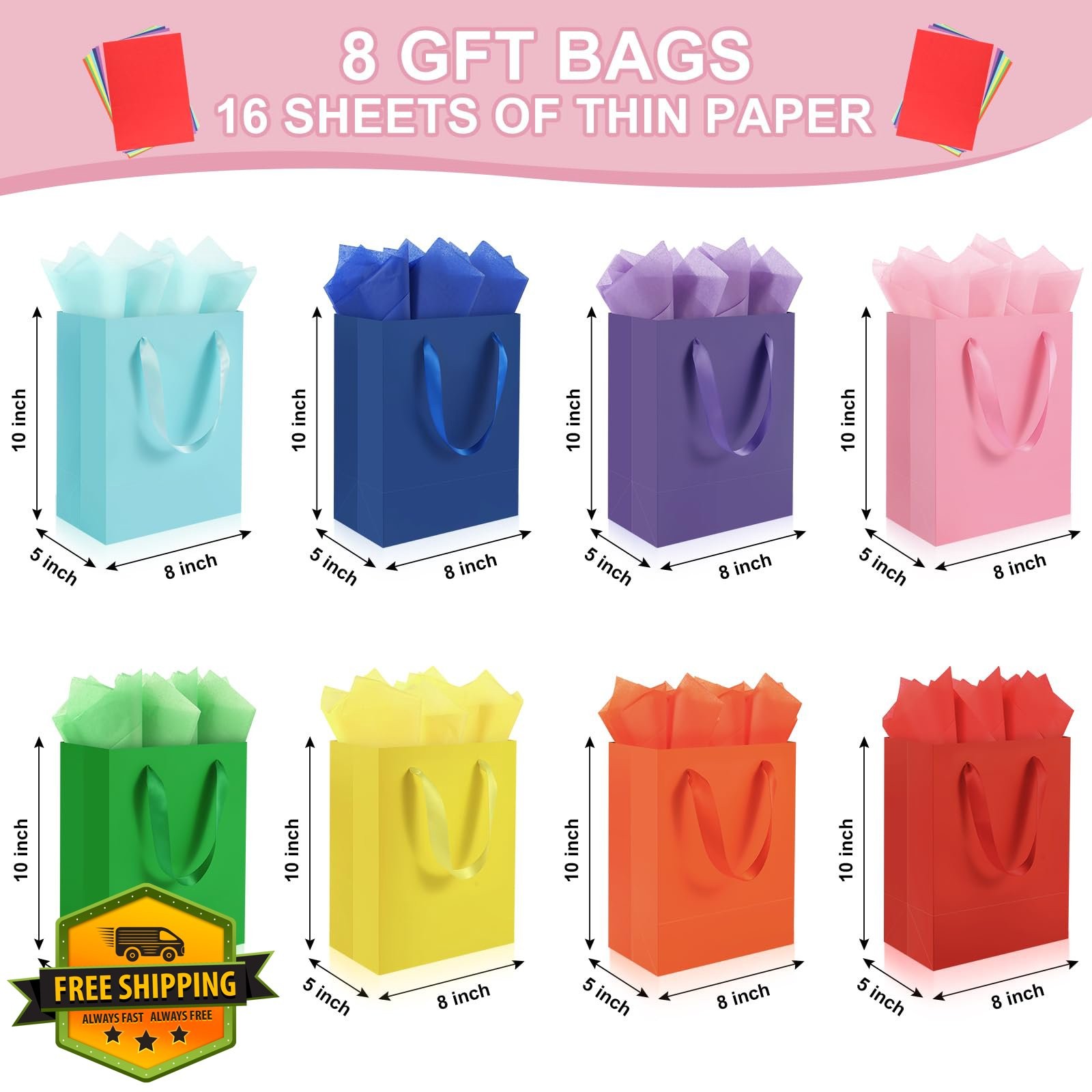 Epoesch 4pk Gift Bags 8x5x10 Inch Paper Party Bags Pink Blue Purple w/ Tissue