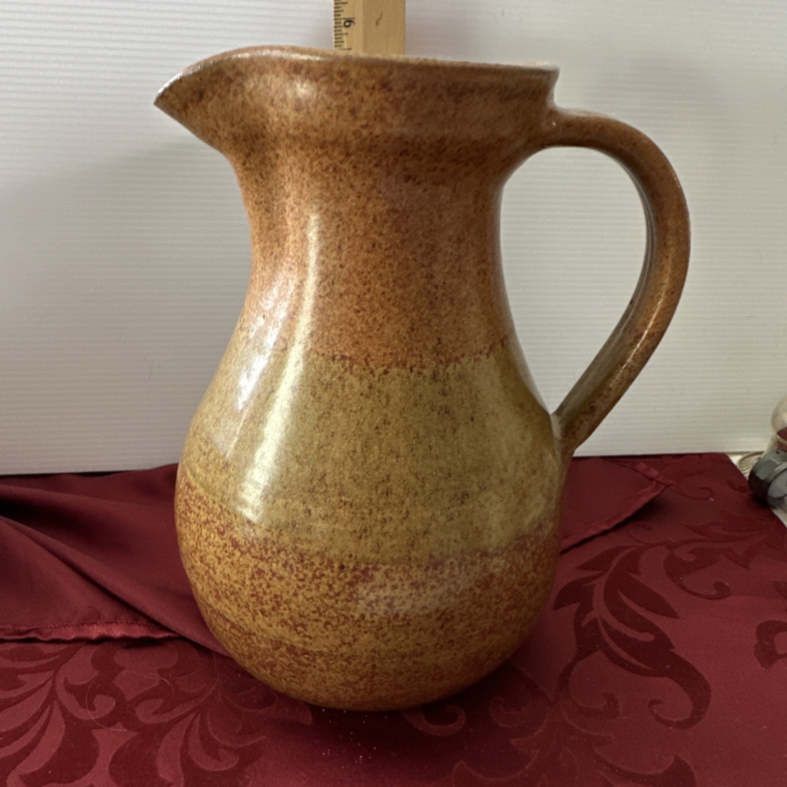 Enna signed Pitcher Speckled Brown Tan thrown pottery