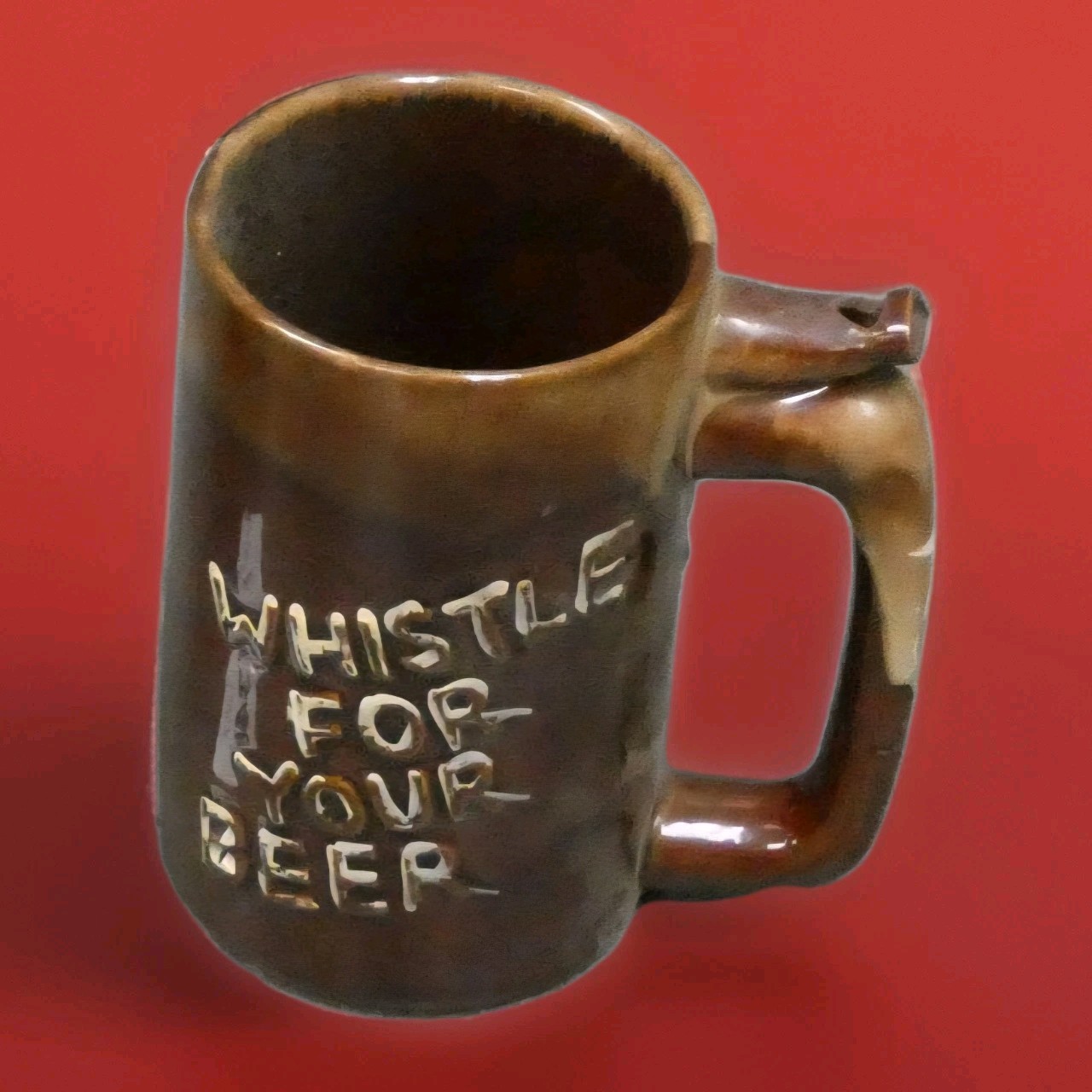 WHISTLE FOR YOUR BEER  Brown Ceramic Mug   5" Tall