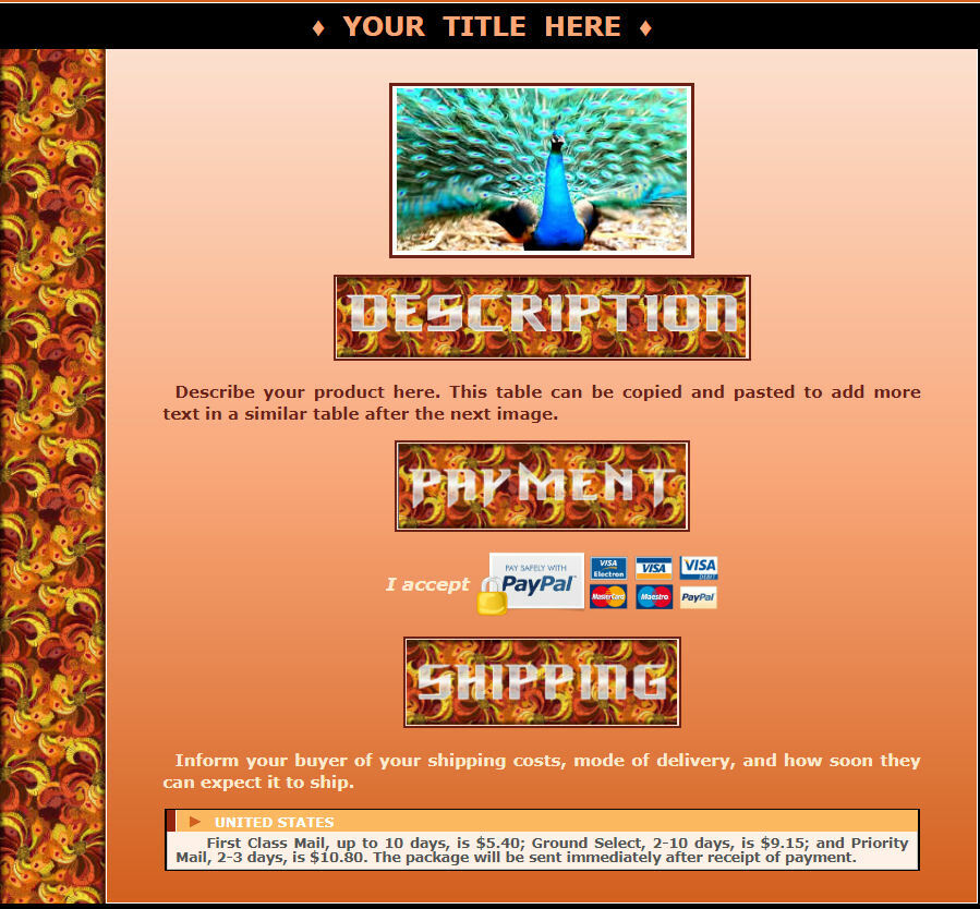 AUCTION TEMPLATE Peacock Orange Column Design - FREE Shipping