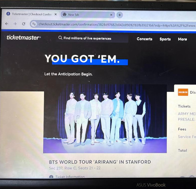 PRICE FOR 2 TICKETS - BTS World Tour - Sunday May 17th, 2026 8:00 PM Stanford CA