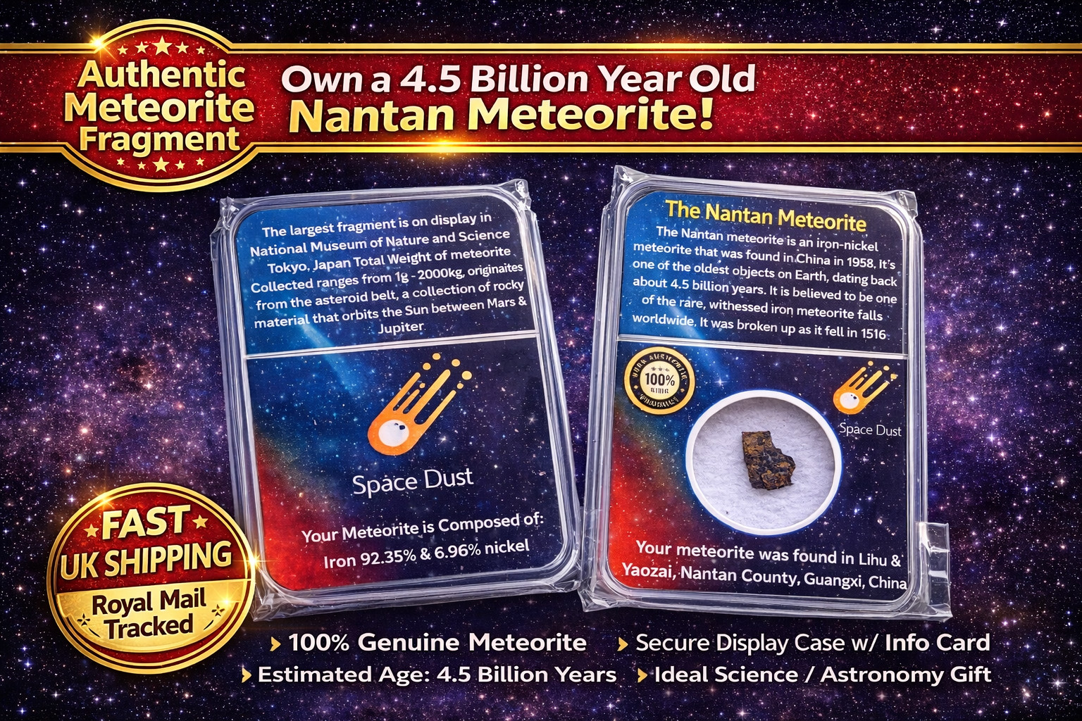 Meteorite Fragment Nantan Iron Meteorite 4.5 Billion Year Old Space Rock Display