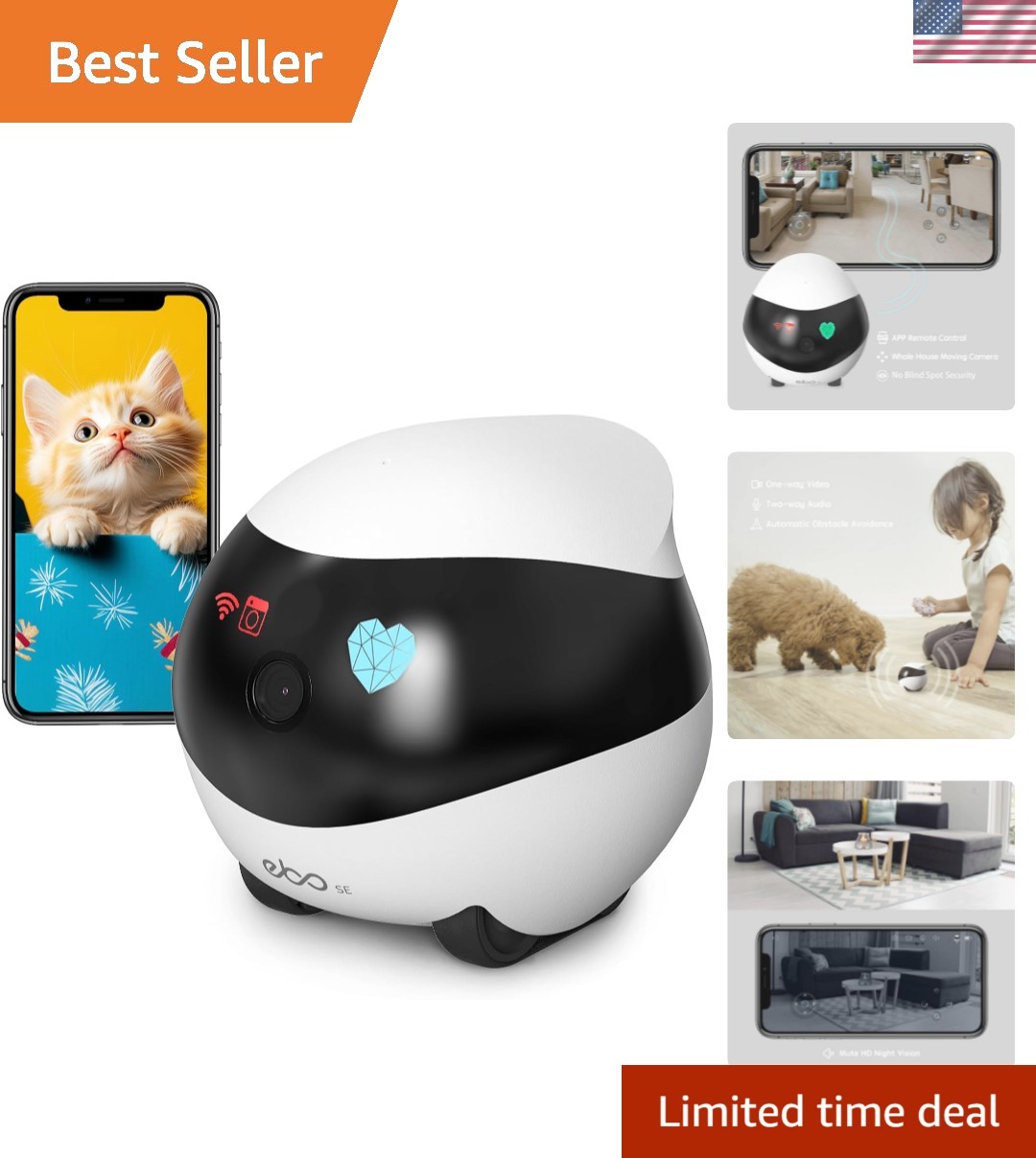 Smart EBO SE FamilyBot: Battery-Operated Pet Camera with Night Vision & Recharge