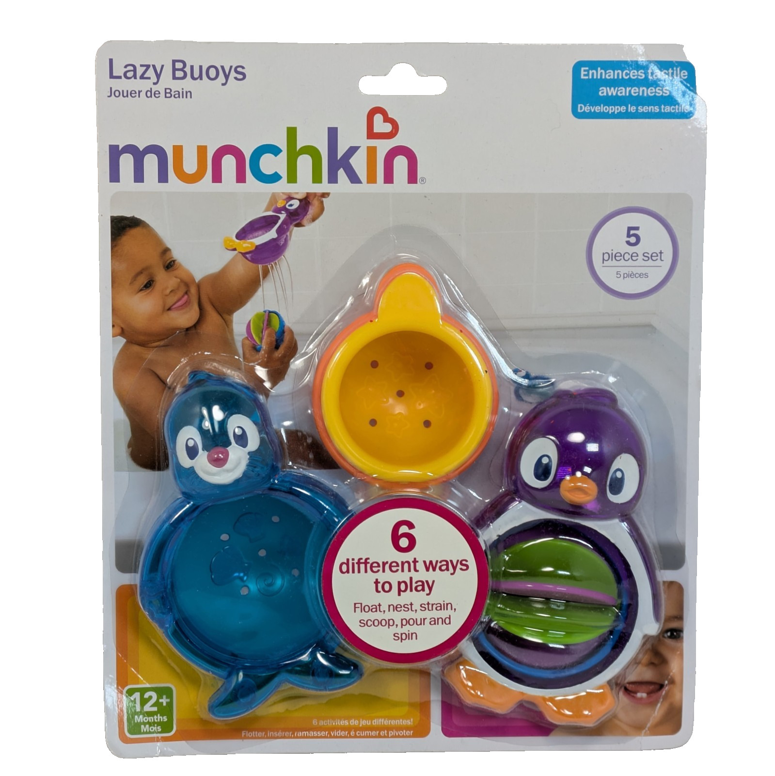 Munchkin Lazy Buoys 5pc Bath Toy Set Tactile Awareness Nest Spin Strain Pour NEW