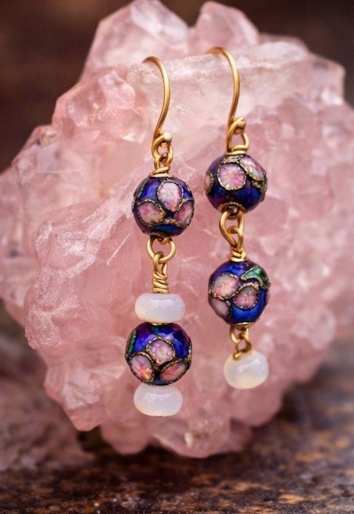 10K Gold Tested Cloisonné Bead Moonstone Artisan Dangle Earrings Wire Wrapped