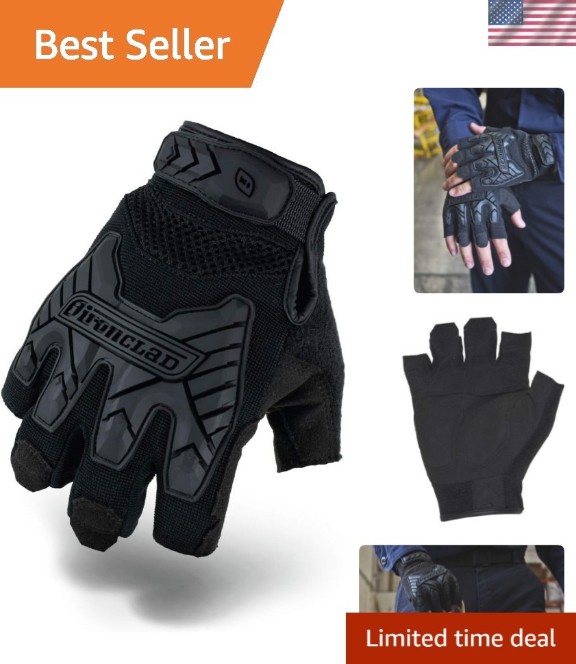 Durable Black Tactical Impact Fingerless Gloves - Machine Washable, Size Large