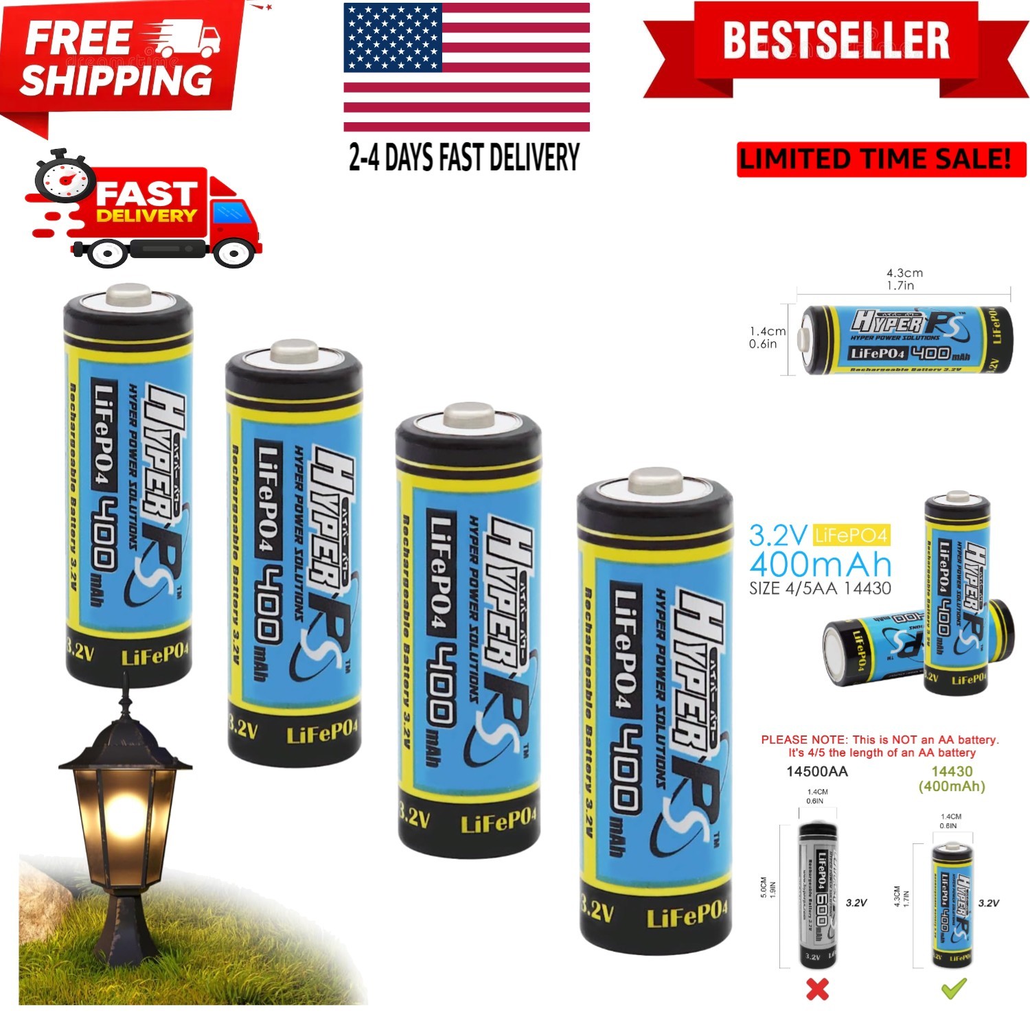 4-Pack 3.2V LiFePo4 14430 14 x 43mm 400mAh Rechargeable Battery for Solar Pan...