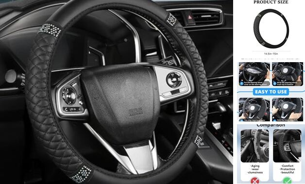 Bling Car Steering Wheel Cover, 15 Inch Rhinestones Soft Leather Elastic Black