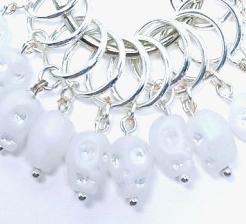MikieLou Stitch Markers 12 White Glass Pave Skulls Skeleton Knitting Rings
