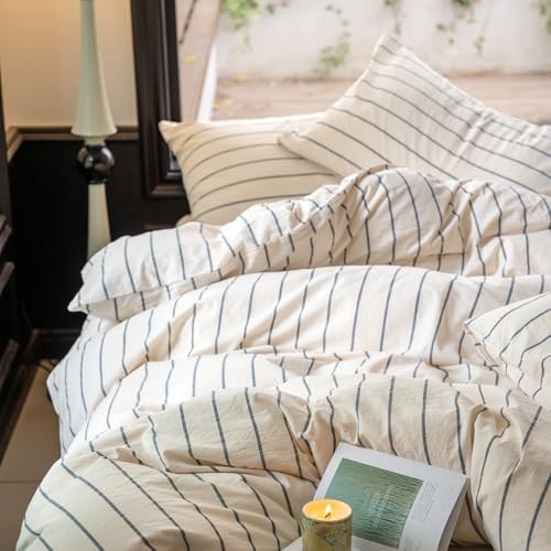  Striped Duvet Cover Set Queen 100% Washed Queen(90"x90") A1#01 Beige Stripes