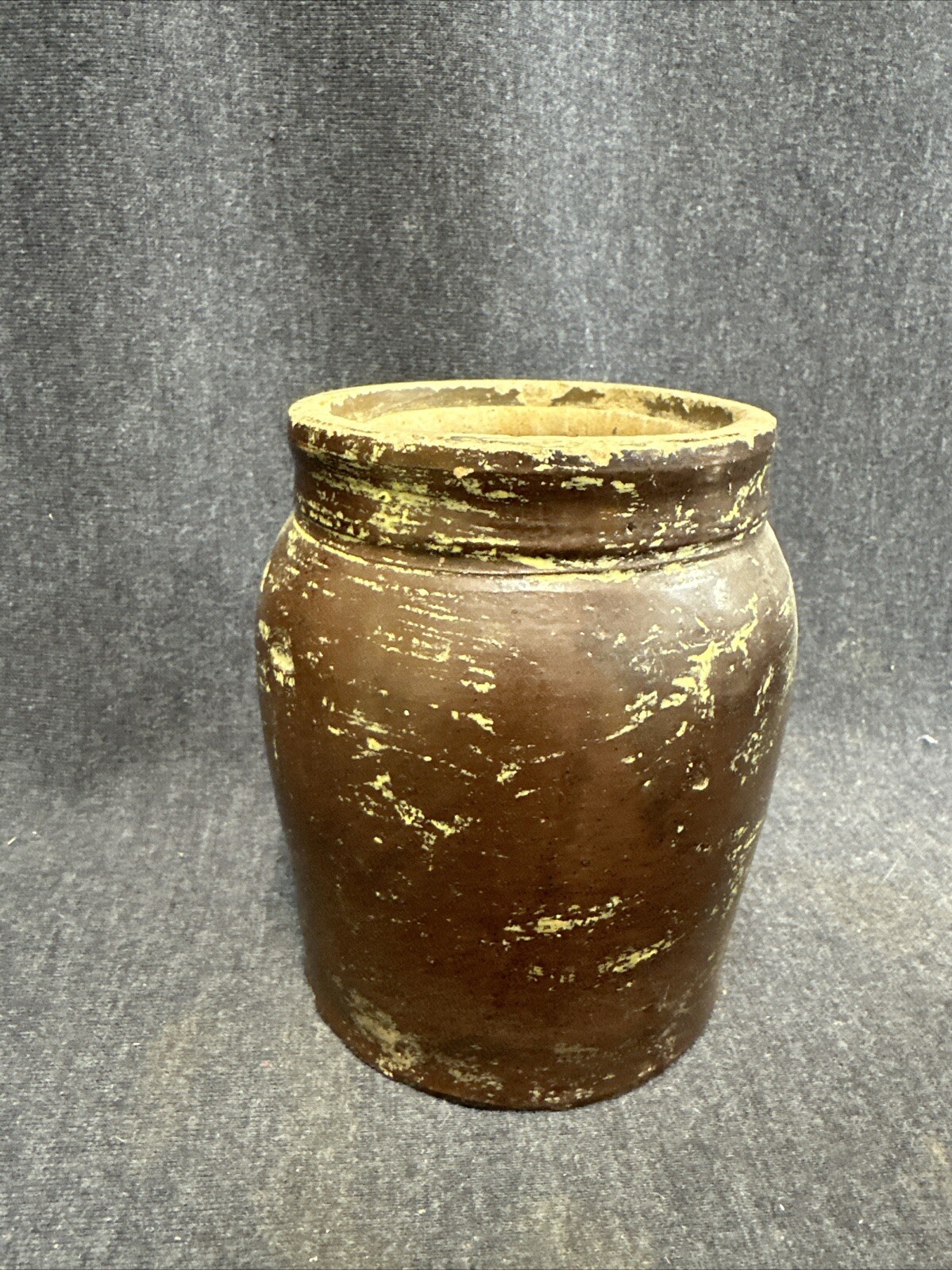 Primitive Small Brown Glaze Ceramic Crock 5.5” Tall - Has Damage