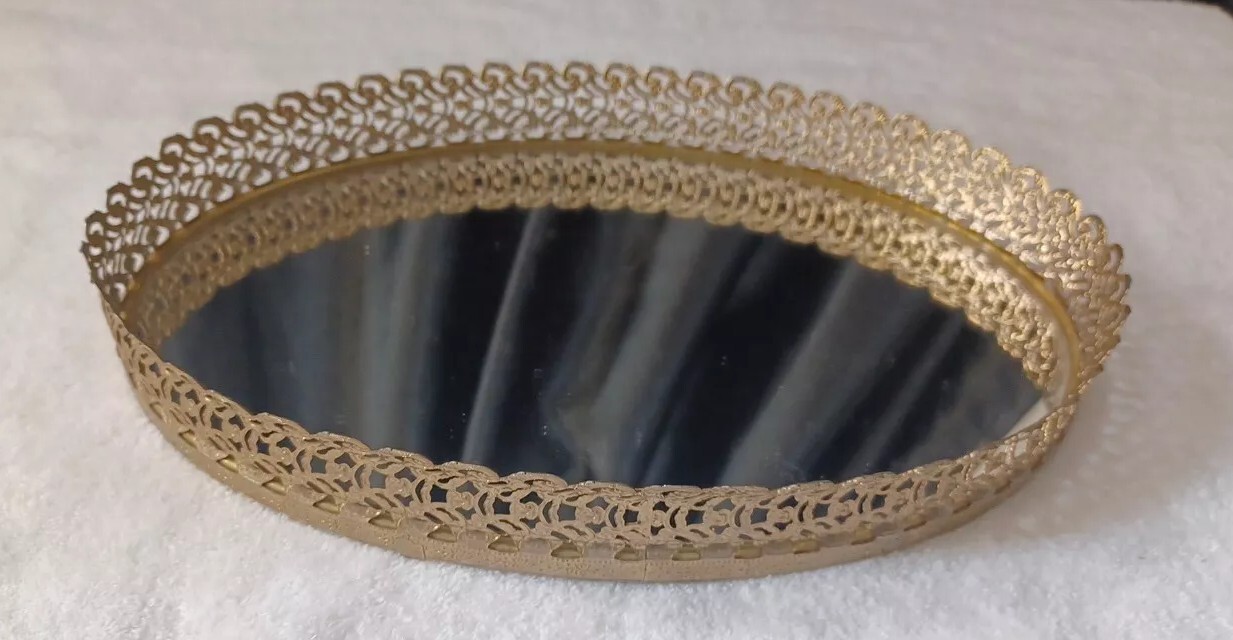 Vintage Gold Metal Mirror Oval Vanity Tray Ornate 11.5"  MCM hollywood regency