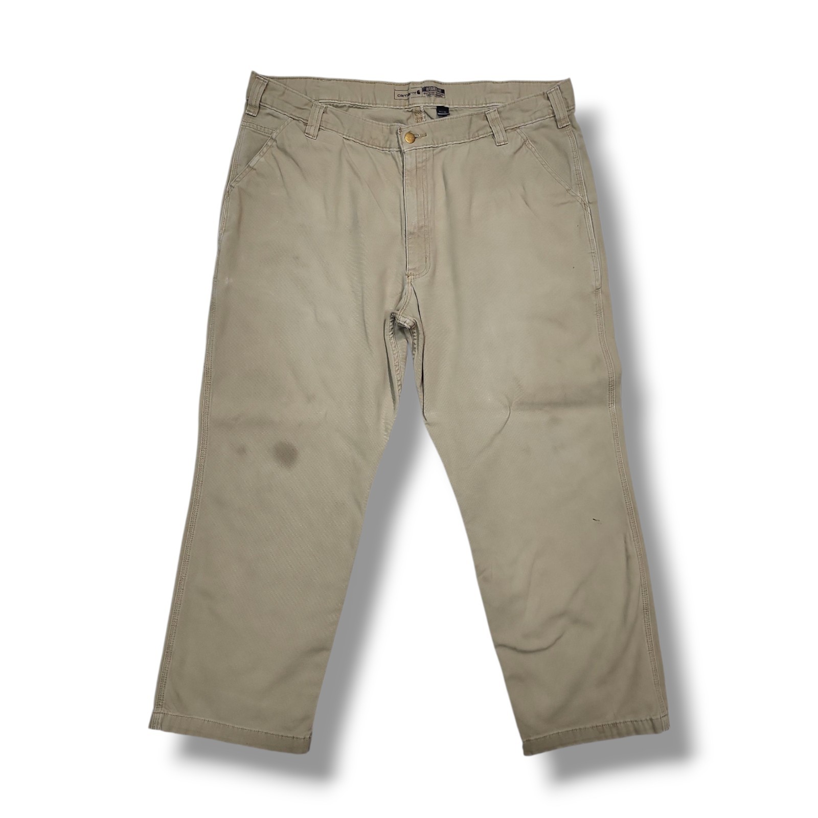 Carhartt Rugged Flex Relaxed Fit Beige Canvas Work Pants Men's 42x30 Distressed