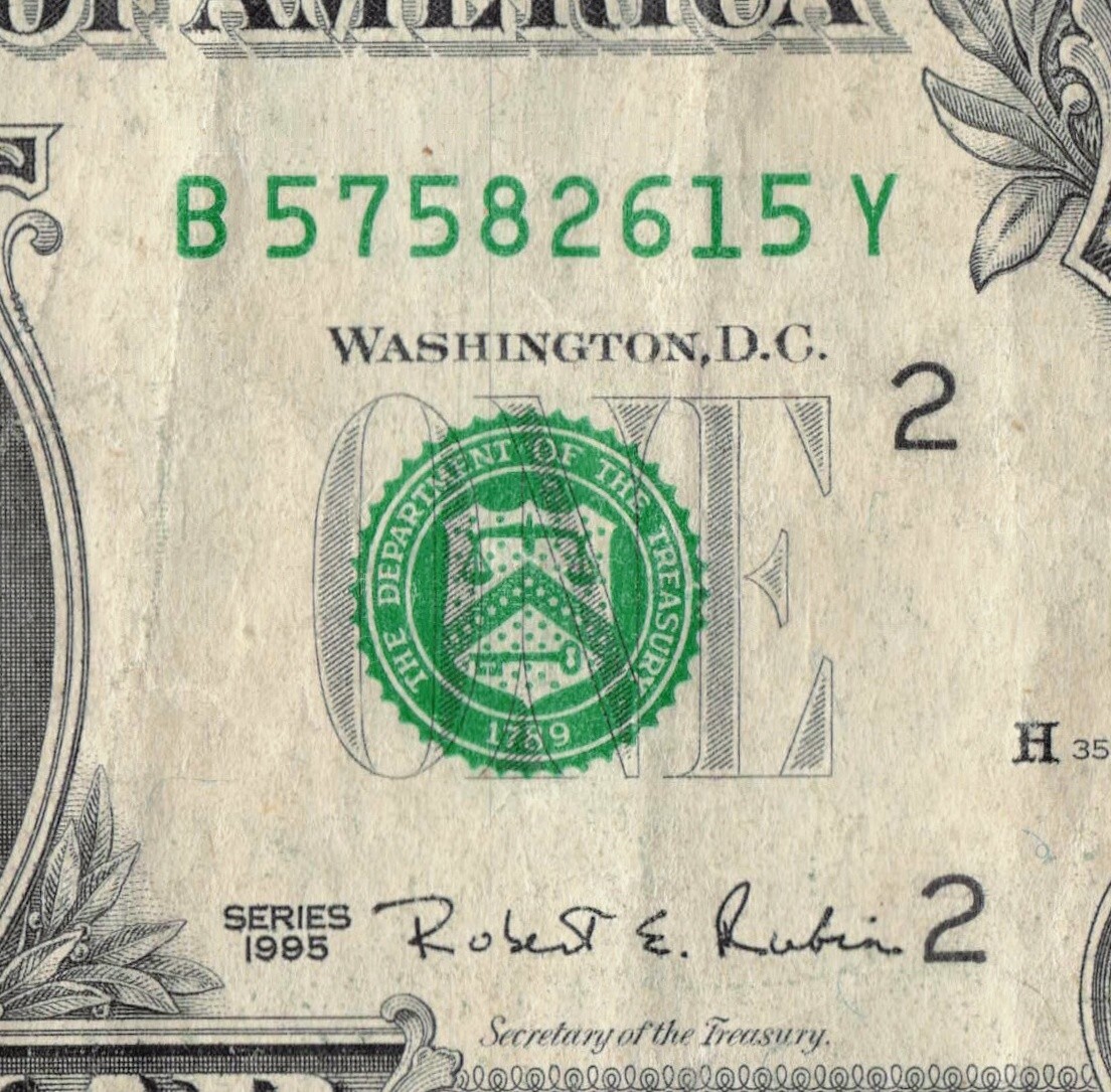Series 1995 B Y Note Fancy Serial Number $1 Dollar Bill B57582615Y