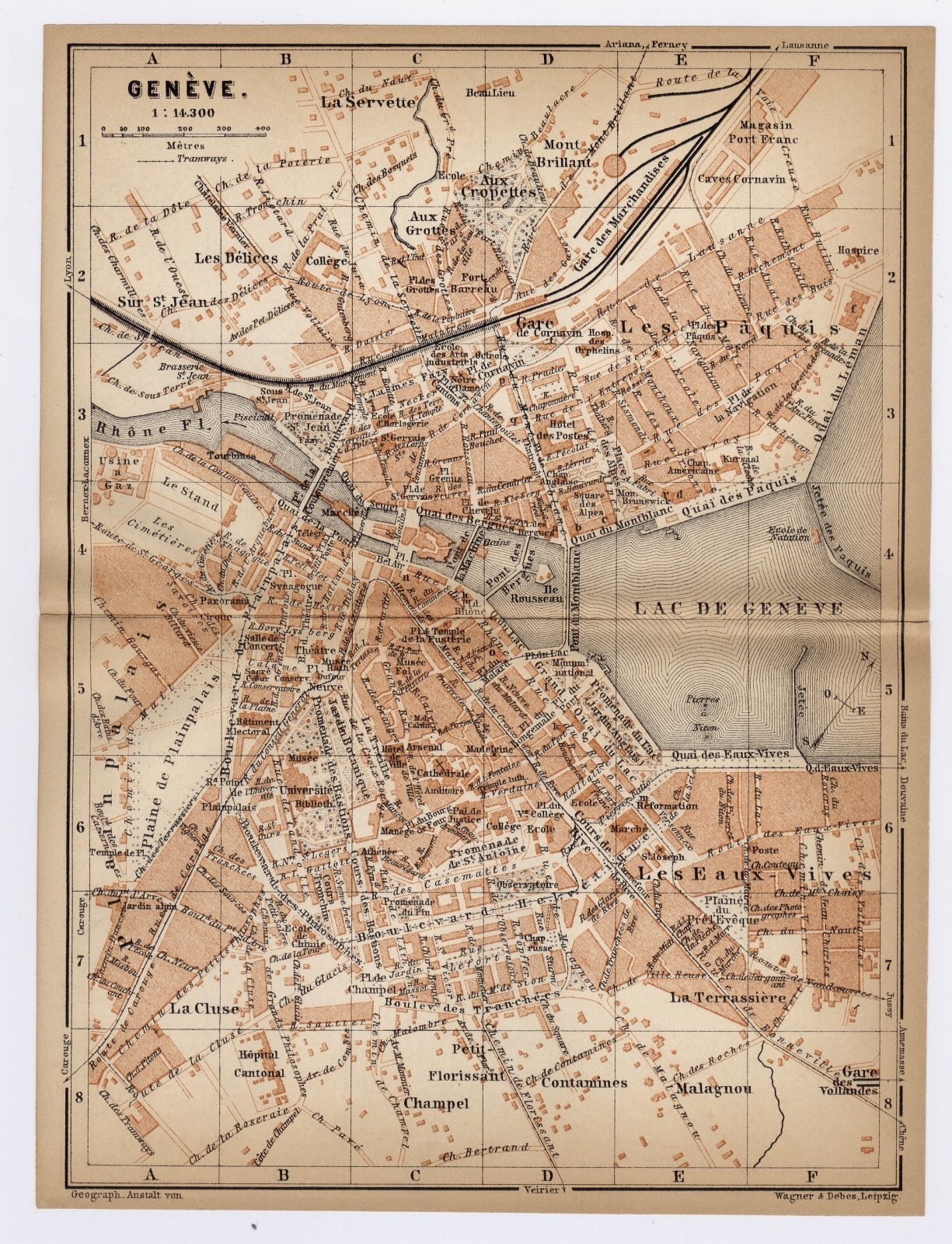 1893 ORIGINAL ANTIQUE CITY MAP OF GENEVA / GENÈVE / SWITZERLAND