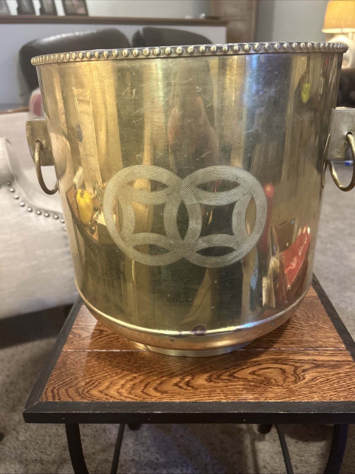 Large Chinese Solid Brass Planter w Asian Double Coin Etching & Ring Handles VTG