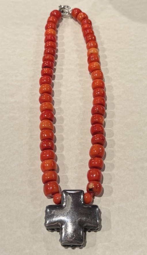 Sterling Silver 925 Beaded Necklace with Coral Cross Pendant Toggle 18 inches