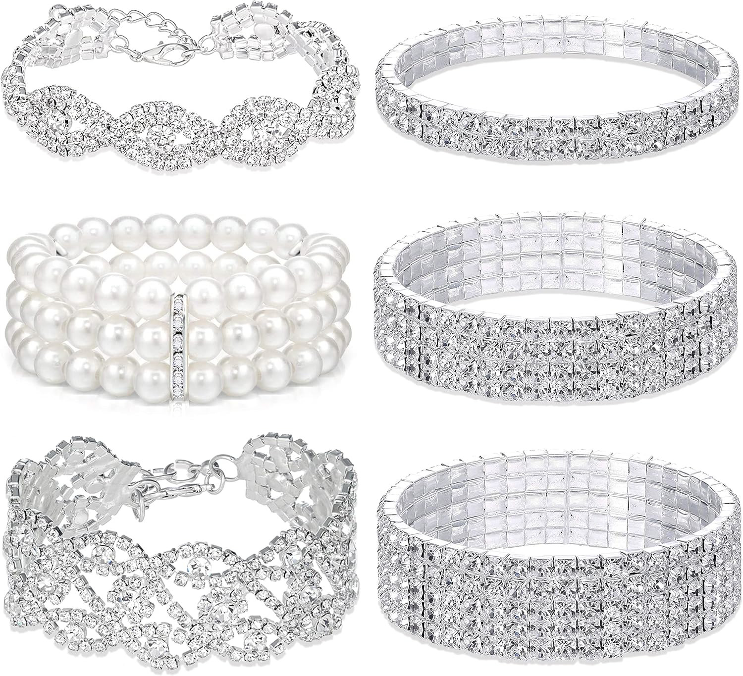 6 Pcs Rhinestone Stretch Bracelet for Women Sparkly Clear Crystal Wedding Bridal